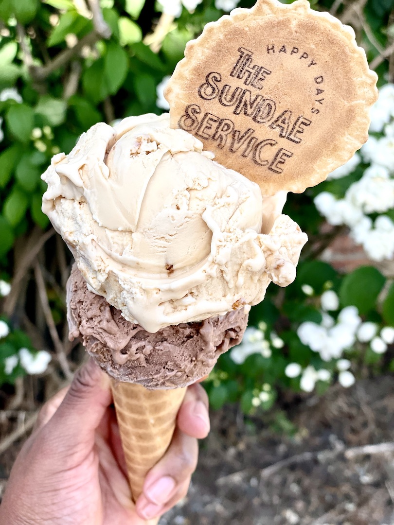 Double Scoop of artisan ice cream with The Sundae Service classic branded wafer